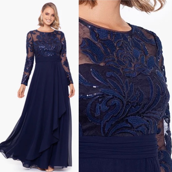 Xscape Dresses & Skirts - XSCAPE
shimmer Embroidered-bodice navy blue Dress Gown size 8 or 10 or 12